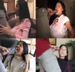 Asiática toma uma enorme gozada facial, de preto com grande badalo